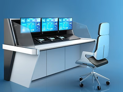 Modern Office Desk With Multiple Monitors And Ergonomic Chair Setup 3d model