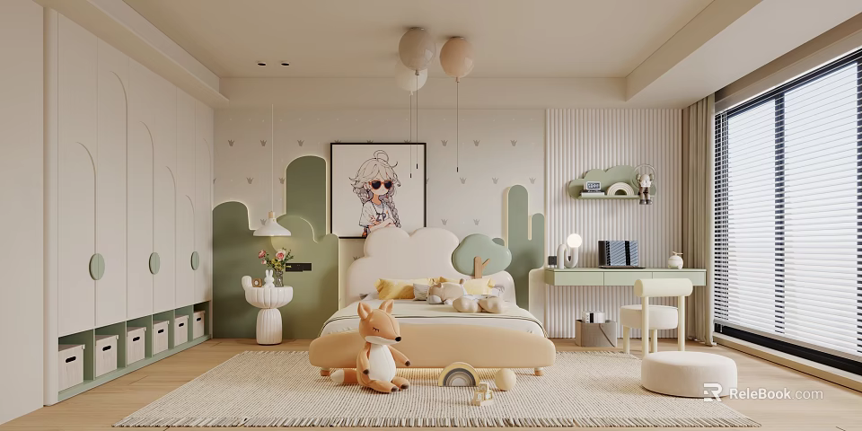 Cozy Kids Room Interior With Balloon Pendant Lights Stuffed Fox And Playful Decor 3d model 