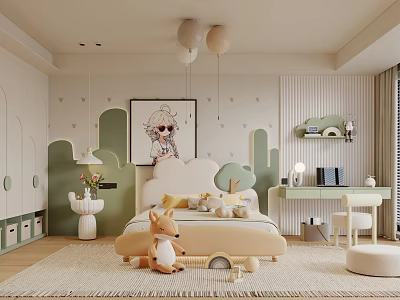 Cozy Kids Room Interior With Balloon Pendant Lights Stuffed Fox And Playful Decor 3d model