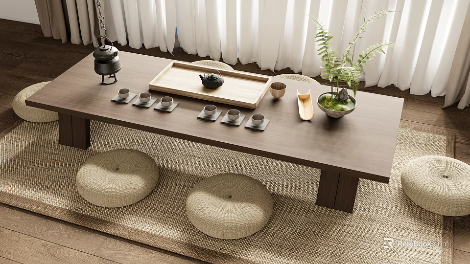 Wooden Tea Table With Round Floor Cushions And Tea Set Including Teapot Cups And Tray 3d model 