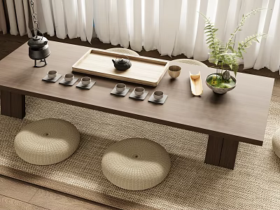 Wooden Tea Table With Round Floor Cushions And Tea Set Including Teapot Cups And Tray 3d model