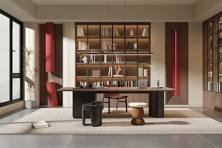 Middle Ancient Style Study Desk and Chair Combination Bookcase Plant Bonsai Floor Decoration Carpet 3d model