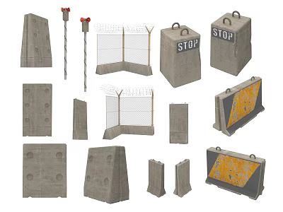 Public Facilities With Concrete Barriers Barbed Wire Fences STOP Sign And Reflective Safety Barriers 3d model