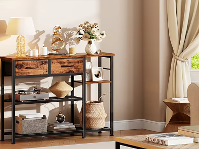 Modern Home Storage Shelf With Wooden Top Metal Frame Decorative Items And Books 3d model