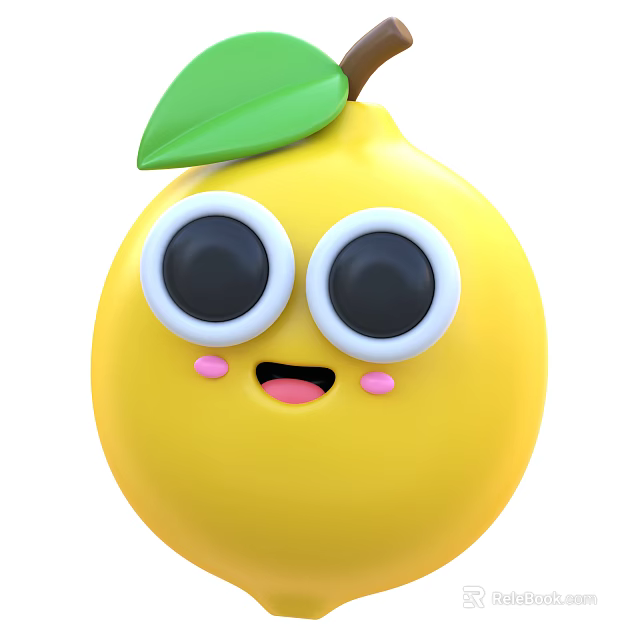 Cute Yellow Lemon With Cartoon Eyes Smiling Face And Green Leaf 3d model