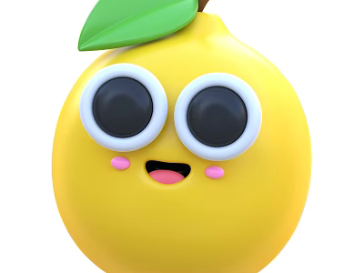 Cute Yellow Lemon With Cartoon Eyes Smiling Face And Green Leaf 3d model