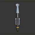Military Missile 3D Render With Brown Warhead Yellow Stripe White Tail Fins And Orange Parts