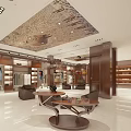 Modern Milan Clothing Store Interior With Circular Ceiling Art And Brown Sofas