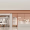 Elegant Modern Restaurant Interior With Pink Arch Partitions White Walls Bar Counter And Pendant Lights