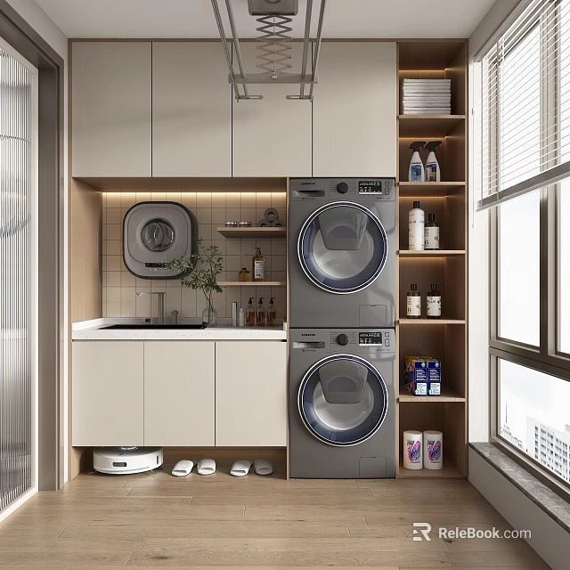 Home Balcony With Stacked Washing Machine Dryer Storage Cabinets Sink And Laundry Supplies 3d model 