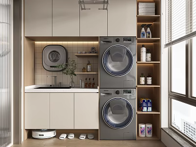 Home Balcony With Stacked Washing Machine Dryer Storage Cabinets Sink And Laundry Supplies 3d model