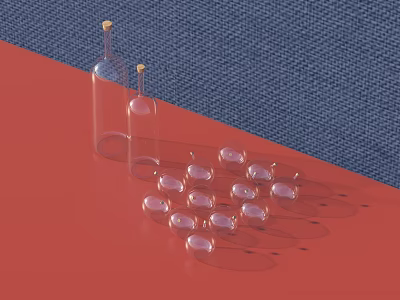 Transparent Bottles and Spheres Arranged on Red Background with Blue Fabric 3d model