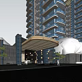 Modern Sales Office Building With Glass Canopy And Surrounding Tall Buildings
