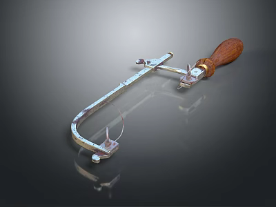 Metal Frame Hacksaw Hand Tool With Wooden Handle And Saw Blade 3d model