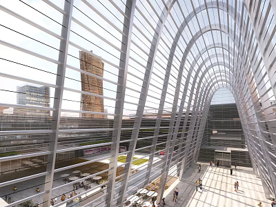 Modern Office Corridor With Arched Glass Roof Natural Light And Surrounding High Rise Buildings 3d model