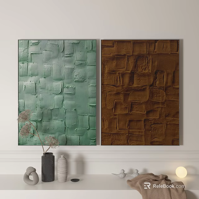 Abstract Painting Two Green Brown Textured Square Patterns Wall Art Pieces 3d model