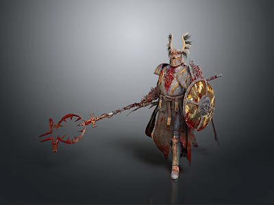 Fantasy Medieval Warrior Sculpture with Horned Helmet Armor Weapon Shield Red Accents 3d model