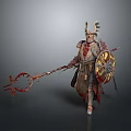 Fantasy Medieval Warrior Sculpture with Horned Helmet Armor Weapon Shield Red Accents