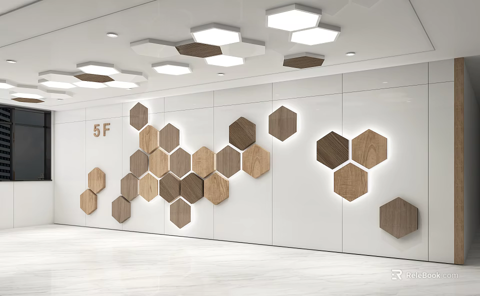 Interior Background Wall With Hexagonal Wooden Panels And Integrated Lighting 3d model 
