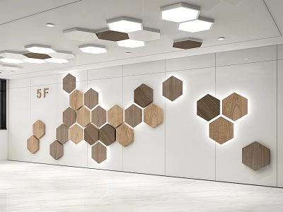 Interior Background Wall With Hexagonal Wooden Panels And Integrated Lighting 3d model