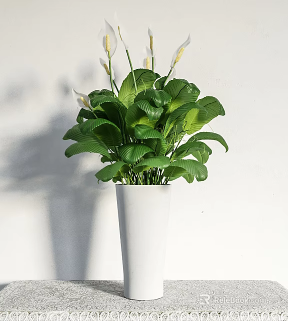 Bonsai Potted Plant With Lush Green Leaves And White Flowers In White Vase 3d model 