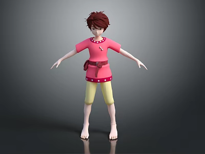 Game Movie Character With Brown Short Hair Pink Polka Dot Shirt Yellow Shorts And Barefoot 3d model