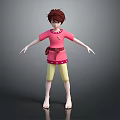 Game Movie Character With Brown Short Hair Pink Polka Dot Shirt Yellow Shorts And Barefoot