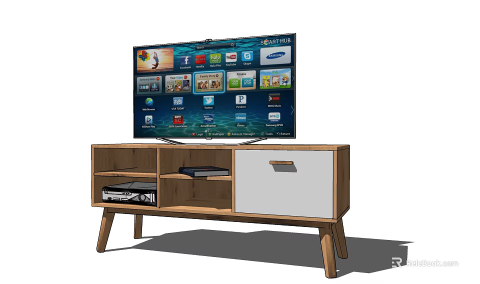 Wooden TV Stand With Modern Design Open Shelves Drawer And TV On Top 3d model 
