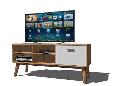 Wooden TV Stand With Modern Design Open Shelves Drawer And TV On Top 3d model