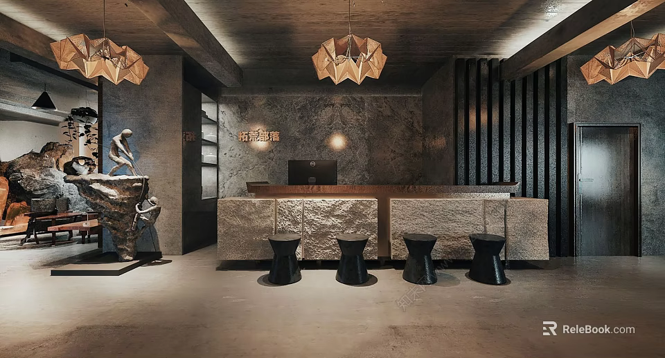 Reception Area Interior With Stone Counter Black Stools Pendant Lights And Sculpture 3d model 