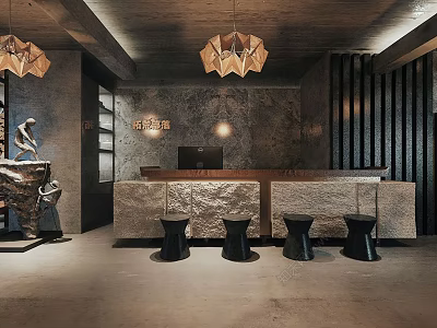 Reception Area Interior With Stone Counter Black Stools Pendant Lights And Sculpture 3d model