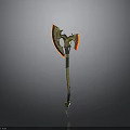 Ornate Fantasy Axe With Golden Accents Red Glowing Blade And Black Handle