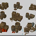 3D Model Collection Featuring Wooden Crates Barrels Wheelbarrow Fruits And Tools