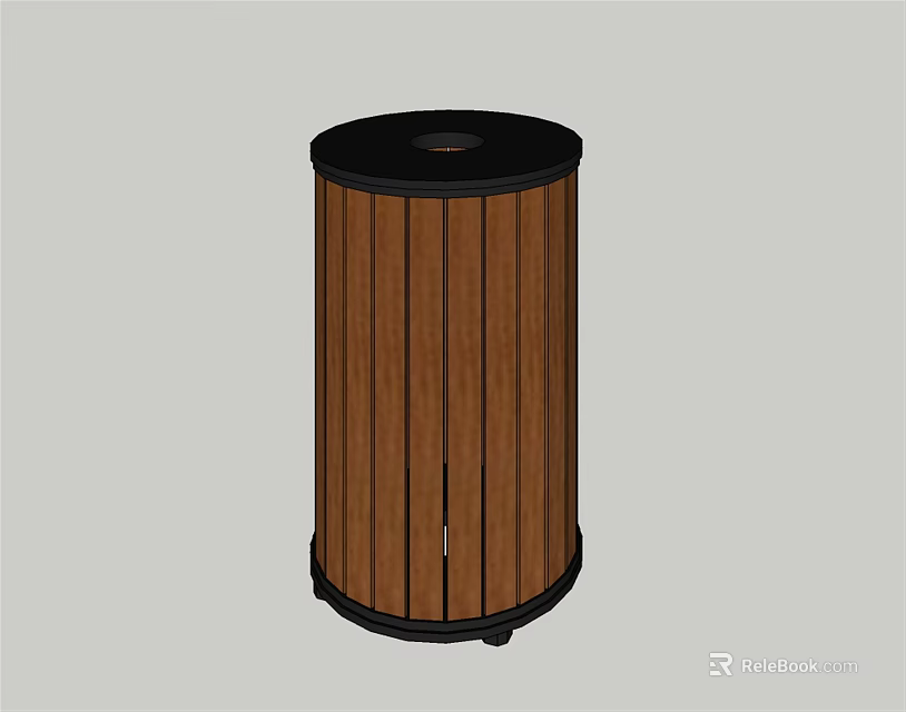 Public Outdoor Trash Bin With Cylindrical Design Wooden Slats And Black Top 3d model 