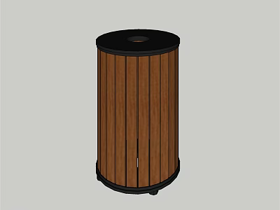 Public Outdoor Trash Bin With Cylindrical Design Wooden Slats And Black Top 3d model