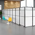 Modern Office Room Divider With Black Frame White Panels And Colorful Chairs In Workspace