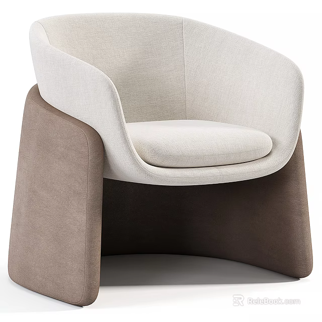 Modern Beige Upholstered Armchair With Curved Design And Brown Support Base 3d model 