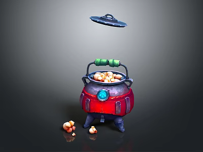 Detailed Sculpture Carving Of Red Pot Green Handles Flying Lid Orange Balls Blue Feet 3d model
