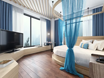 Elegant Hotel Guest Room With Round Bed Blue White Curtains Large Window Wooden Floor TV 3d model
