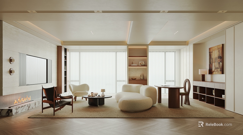 Modern Living Room Interior With Curved Sofa Armchair Coffee Table And Bookshelf 3d model 