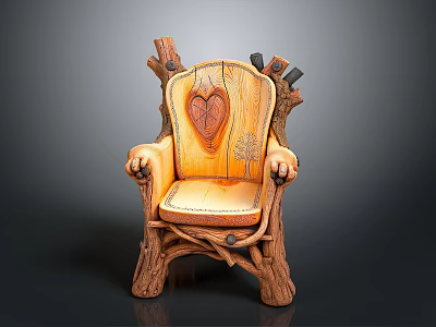 Handcrafted Wooden Chair With Tree Root Frame Leather Seat And Heart Carving 3d model