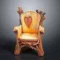 Handcrafted Wooden Chair With Tree Root Frame Leather Seat And Heart Carving