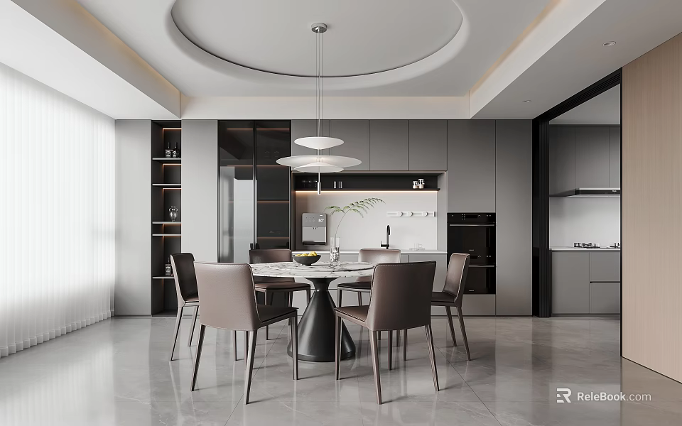 Modern Restaurant Interior With Circular Dining Table Grey Chairs Pendant Lights And Sleek Cabinets 3d model 