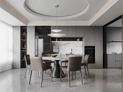 Modern Restaurant Interior With Circular Dining Table Grey Chairs Pendant Lights And Sleek Cabinets 3d model