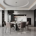 Modern Restaurant Interior With Circular Dining Table Grey Chairs Pendant Lights And Sleek Cabinets