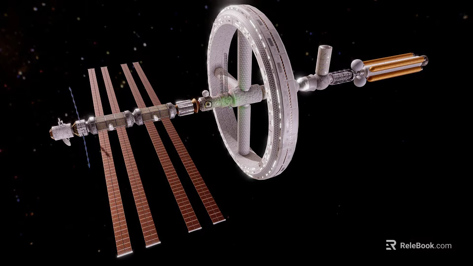 Orbiting Space Station Featuring Circular Ring Structure And Solar Panels Array 3d model 