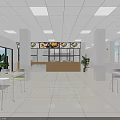 Commercial Kitchen With Stainless Steel Equipment Central White Worktable Red Flooring White Tiled Walls Ceiling Lights