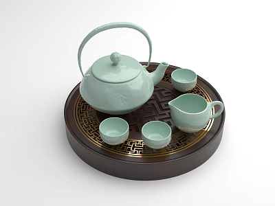 Green Tea Set With Teapot Cups Fair Cup On Dark Wooden Tray With Golden Pattern 3d model