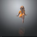 Child With Orange Hair Wearing Orange Dress And Glasses In Squatting Pose Barefoot