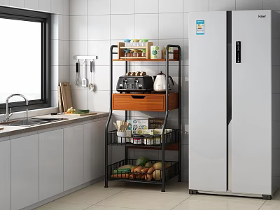 Modern Kitchen Storage Rack with Coffee Maker Jars and Fruits Organizer Shelf 3d model